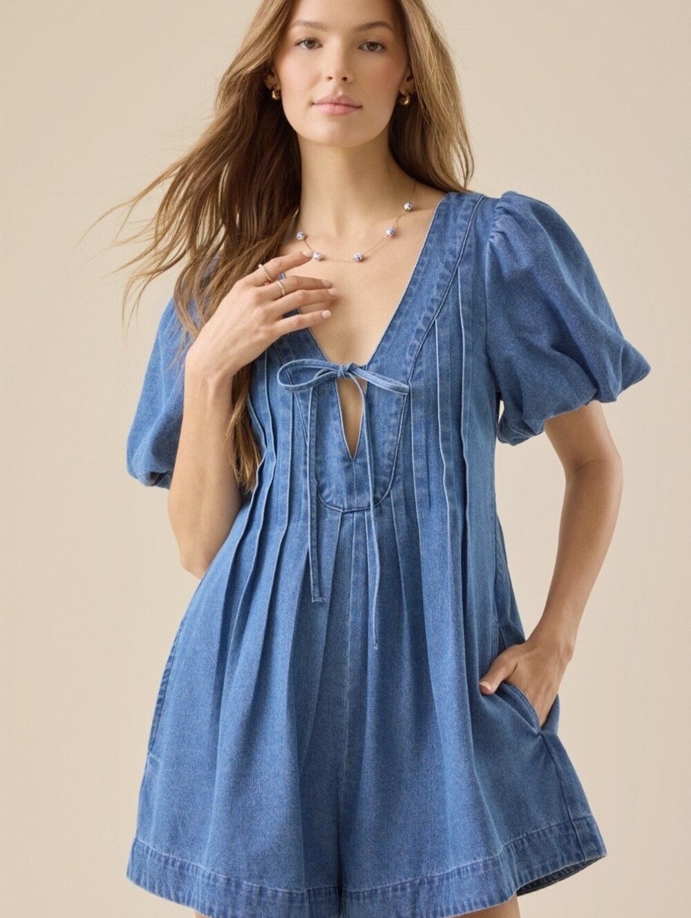 Altar'd State light blue denim Romper With Puff Sleeves